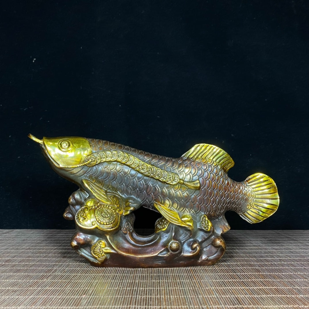 Exquisite Handcrafted Pure Copper Gilded Fortune Dragon Fish Statue