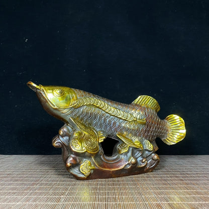 Exquisite Handcrafted Pure Copper Gilded Fortune Dragon Fish Statue