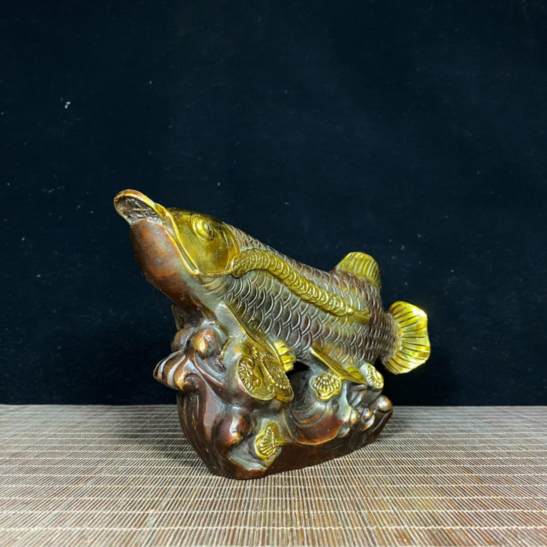 Exquisite Handcrafted Pure Copper Gilded Fortune Dragon Fish Statue