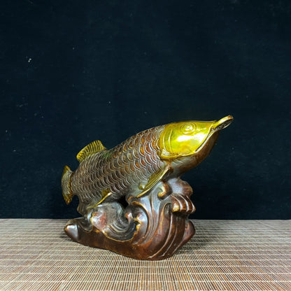 Exquisite Handcrafted Pure Copper Gilded Fortune Dragon Fish Statue