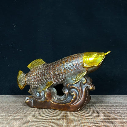 Exquisite Handcrafted Pure Copper Gilded Fortune Dragon Fish Statue