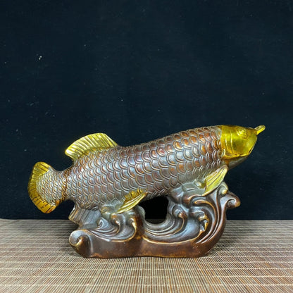 Exquisite Handcrafted Pure Copper Gilded Fortune Dragon Fish Statue