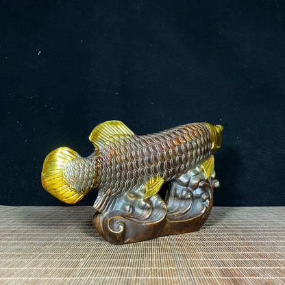 Exquisite Handcrafted Pure Copper Gilded Fortune Dragon Fish Statue