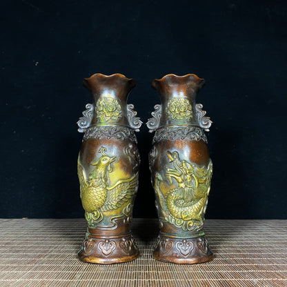 Exquisite Handcrafted Pair of Gilded Copper Dragon and Phoenix Peony Vases