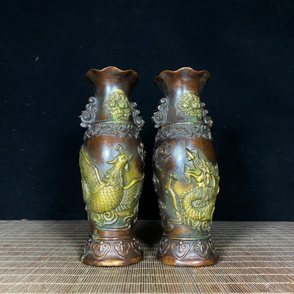 Exquisite Handcrafted Pair of Gilded Copper Dragon and Phoenix Peony Vases