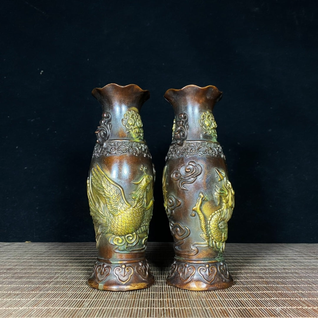 Exquisite Handcrafted Pair of Gilded Copper Dragon and Phoenix Peony Vases