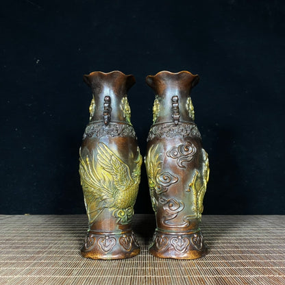 Exquisite Handcrafted Pair of Gilded Copper Dragon and Phoenix Peony Vases