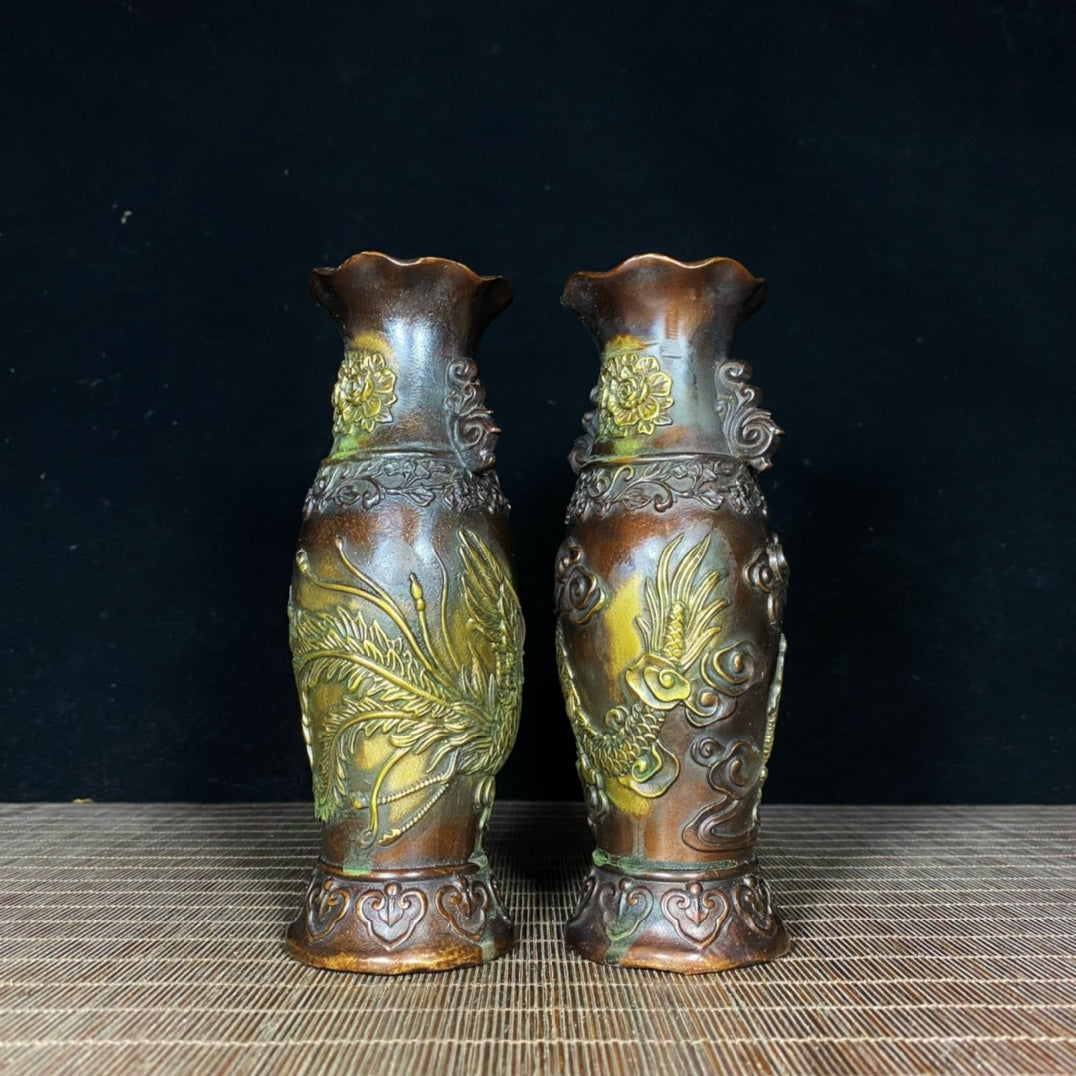 Exquisite Handcrafted Pair of Gilded Copper Dragon and Phoenix Peony Vases