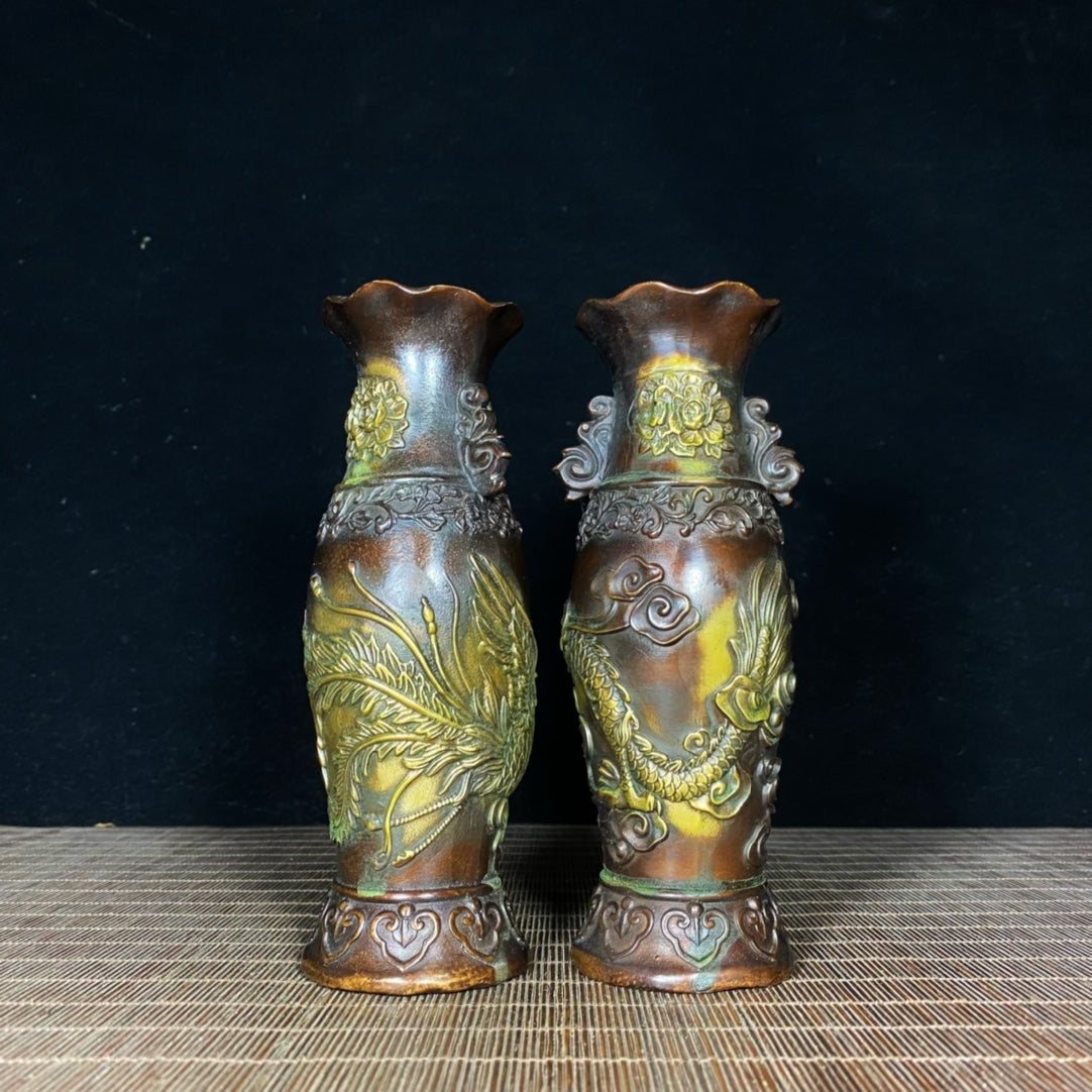 Exquisite Handcrafted Pair of Gilded Copper Dragon and Phoenix Peony Vases