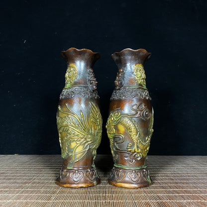 Exquisite Handcrafted Pair of Gilded Copper Dragon and Phoenix Peony Vases