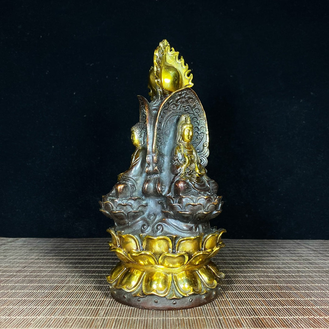 Exquisite Handcrafted Copper Gilded Three-Faced Buddha Statue