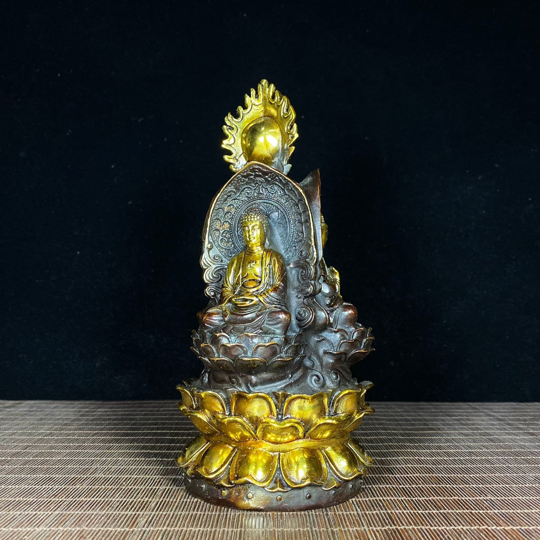 Exquisite Handcrafted Copper Gilded Three-Faced Buddha Statue