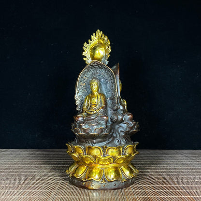 Exquisite Handcrafted Copper Gilded Three-Faced Buddha Statue