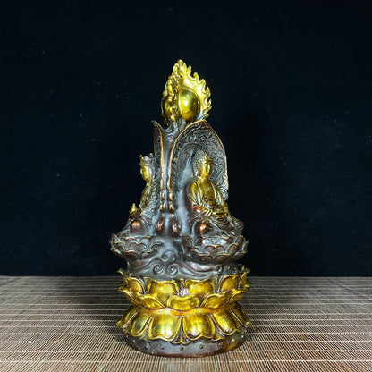 Exquisite Handcrafted Copper Gilded Three-Faced Buddha Statue