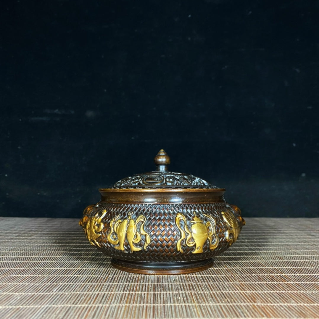 Exquisite Handcrafted Gilded Copper Incense Burner with Embossed Auspicious Eight Treasures & Weave Pattern, Lion