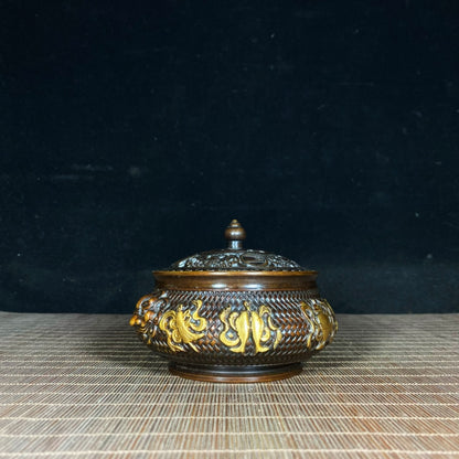 Exquisite Handcrafted Gilded Copper Incense Burner with Embossed Auspicious Eight Treasures & Weave Pattern, Lion