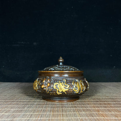 Exquisite Handcrafted Gilded Copper Incense Burner with Embossed Auspicious Eight Treasures & Weave Pattern, Lion