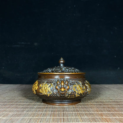 Exquisite Handcrafted Gilded Copper Incense Burner with Embossed Auspicious Eight Treasures & Weave Pattern, Lion