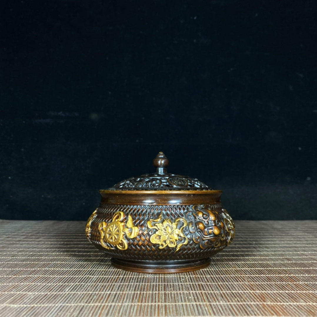 Exquisite Handcrafted Gilded Copper Incense Burner with Embossed Auspicious Eight Treasures & Weave Pattern, Lion