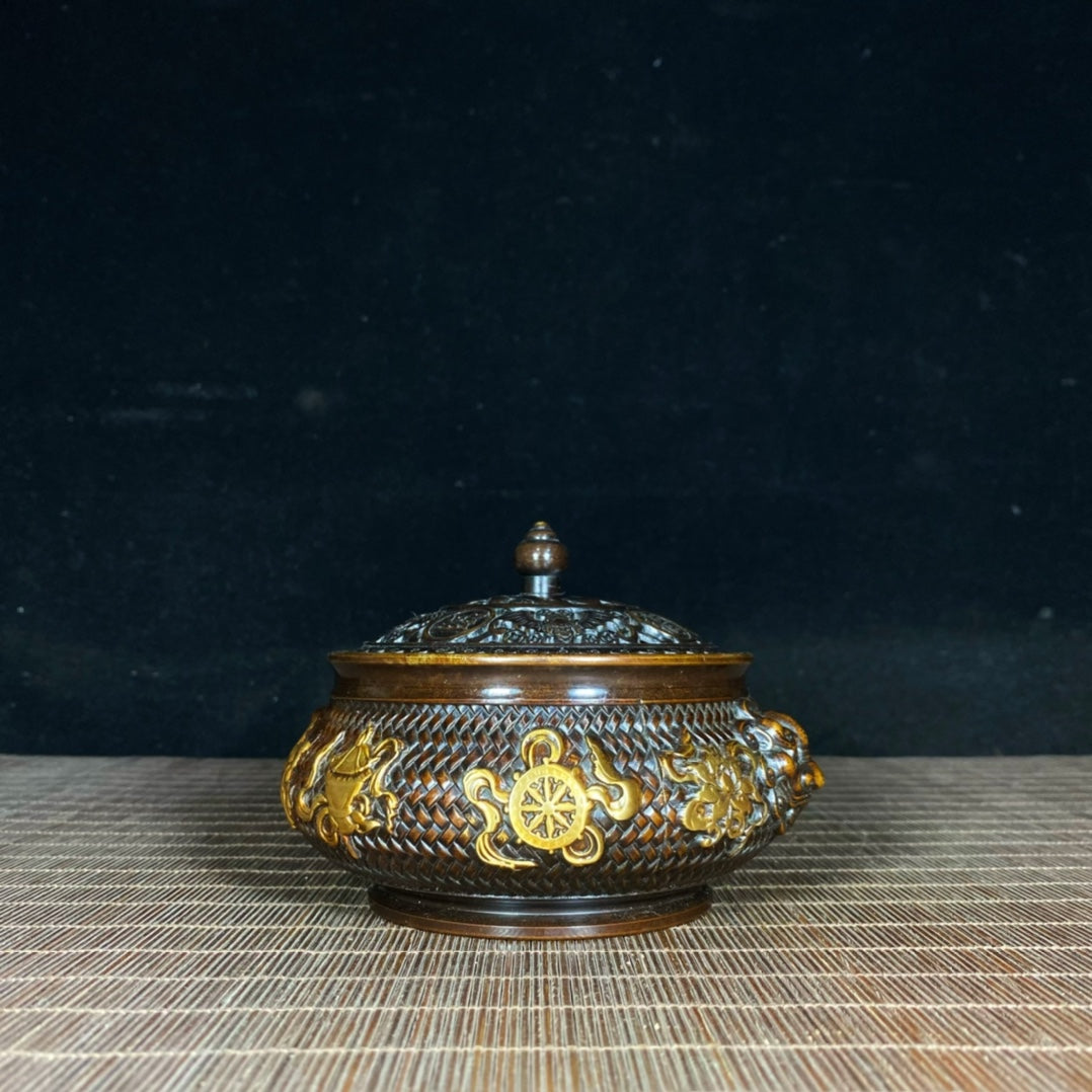 Exquisite Handcrafted Gilded Copper Incense Burner with Embossed Auspicious Eight Treasures & Weave Pattern, Lion