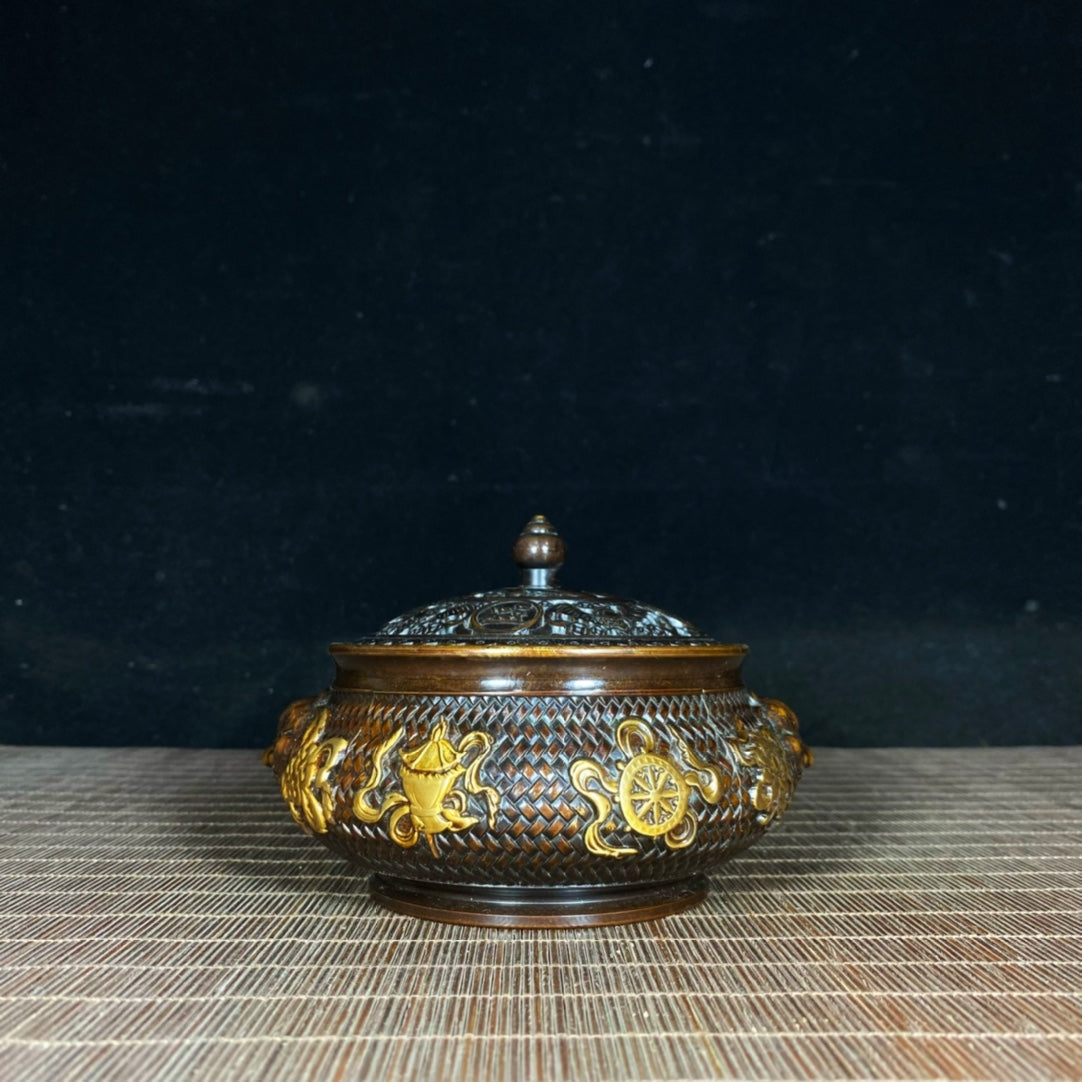 Exquisite Handcrafted Gilded Copper Incense Burner with Embossed Auspicious Eight Treasures & Weave Pattern, Lion