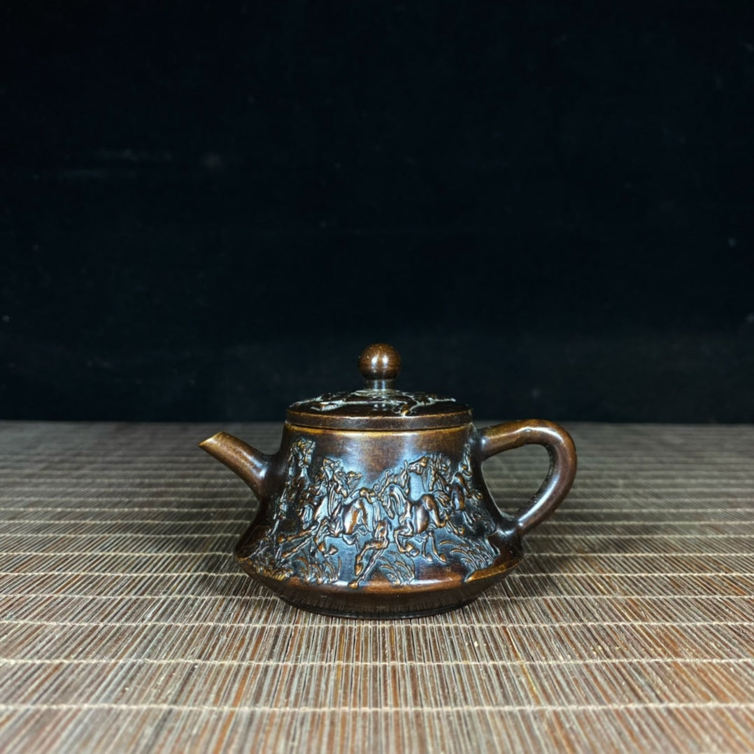 Handcrafted Pure Copper Embossed Eight-Horses Teapot - Unique Collectible & Gift