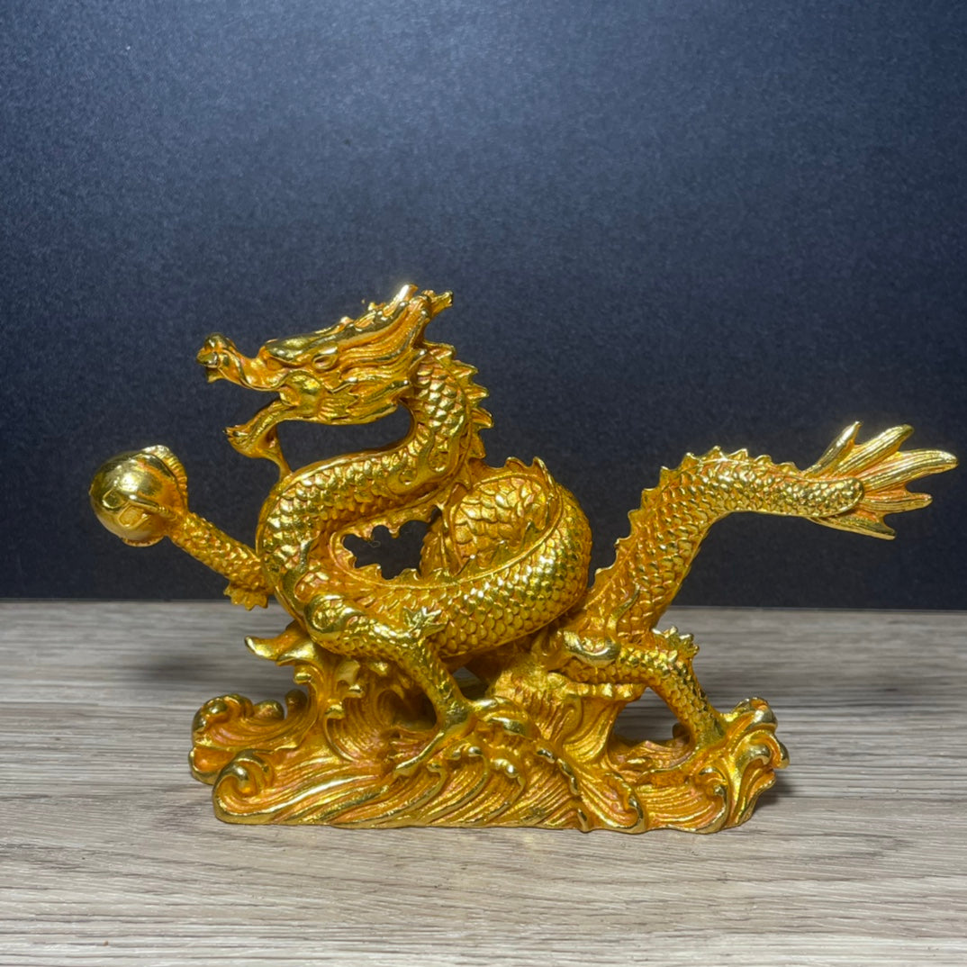 Exquisitely Carved Golden Dragon Statue - Handcrafted & Unique Gift