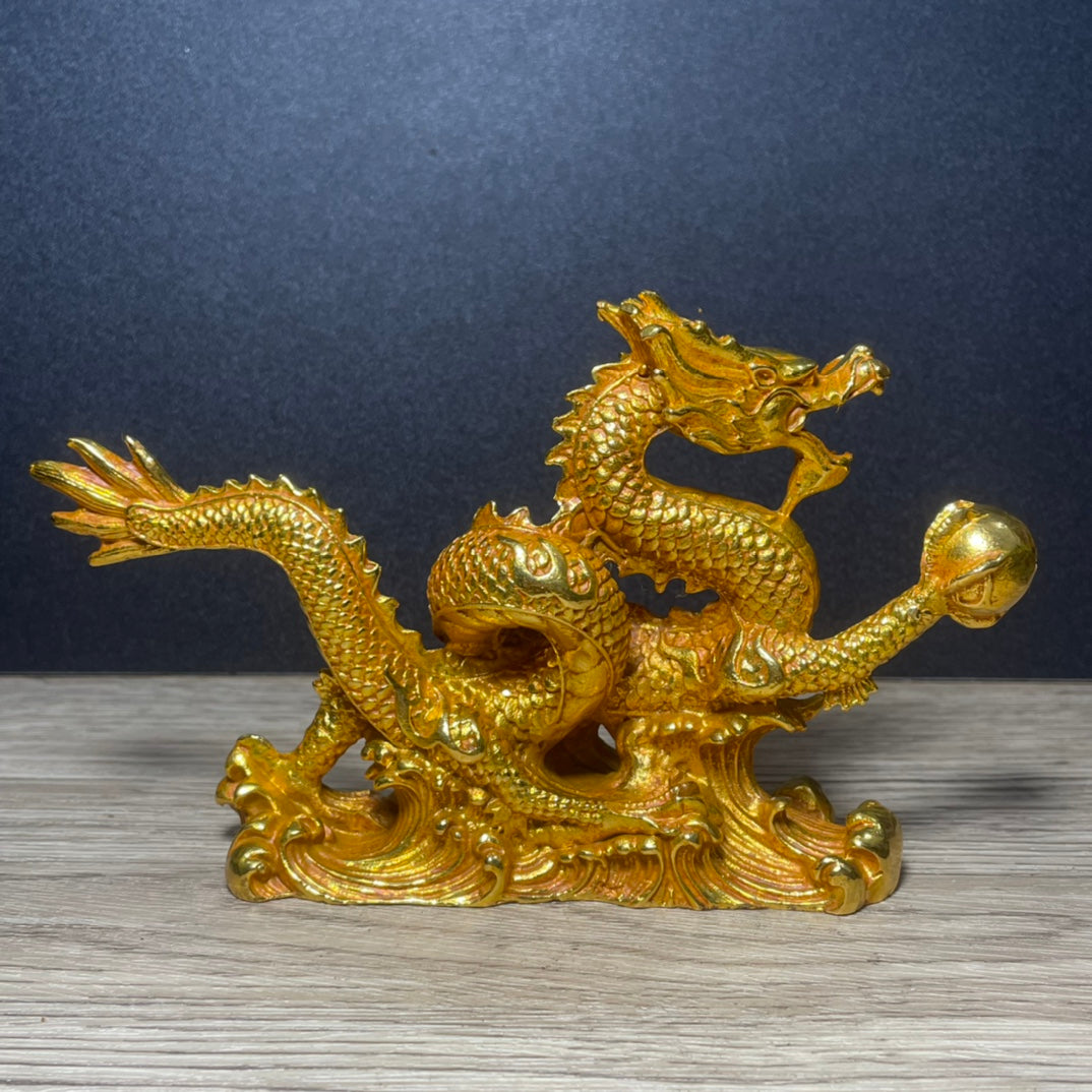 Exquisitely Carved Golden Dragon Statue - Handcrafted & Unique Gift