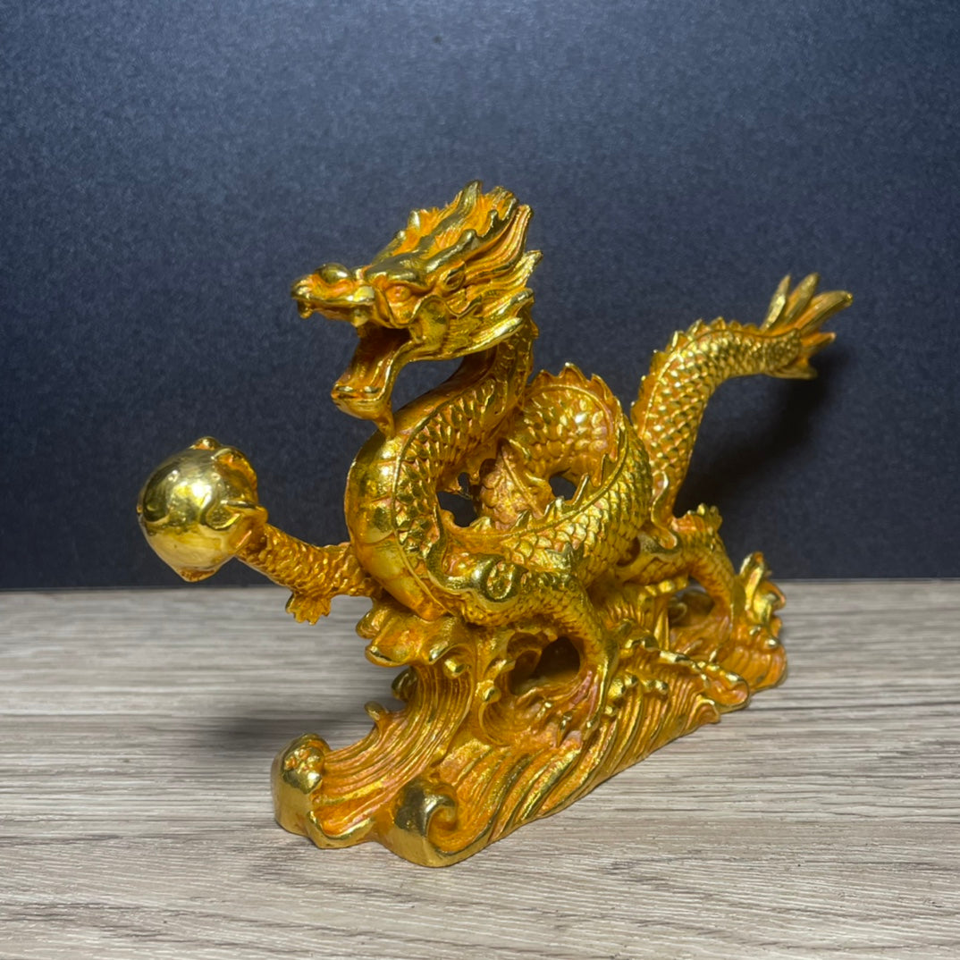 Exquisitely Carved Golden Dragon Statue - Handcrafted & Unique Gift