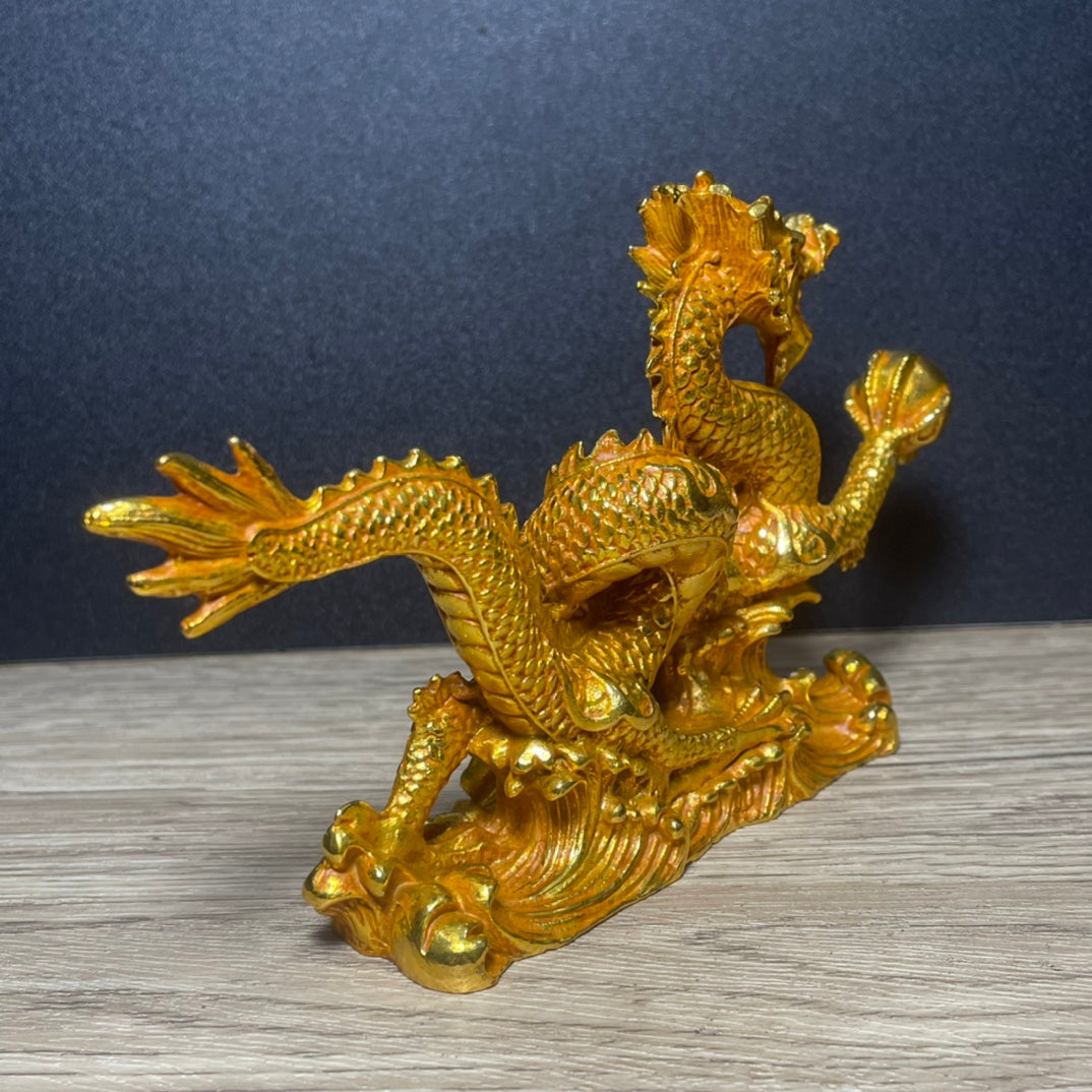 Exquisitely Carved Golden Dragon Statue - Handcrafted & Unique Gift