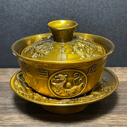 Exquisite Hand-Carved Four Divine Beasts Gaiwan - A Masterpiece for Collectors and Art Enthusiasts