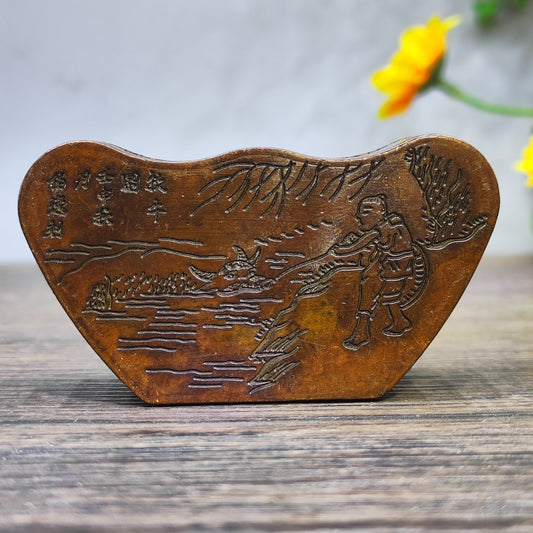 Exquisite Carved Ingot Ink Box - Handcrafted Vintage Art Piece, Unique Gift