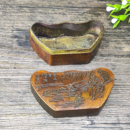 Exquisite Carved Ingot Ink Box - Handcrafted Vintage Art Piece, Unique Gift