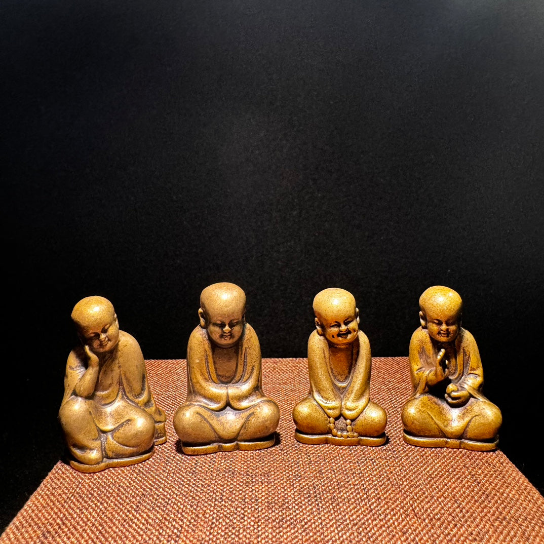 Handcrafted Brass Miniature Monk Statues - Set of 4, Exquisite Art Pieces and Unique Gifts