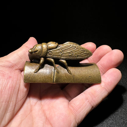 Handcrafted Brass Cicada Sculpture on Bamboo - Unique, Vintage Art Piece