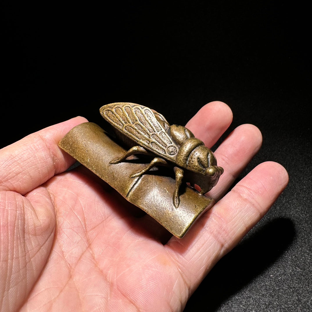 Handcrafted Brass Cicada Sculpture on Bamboo - Unique, Vintage Art Piece