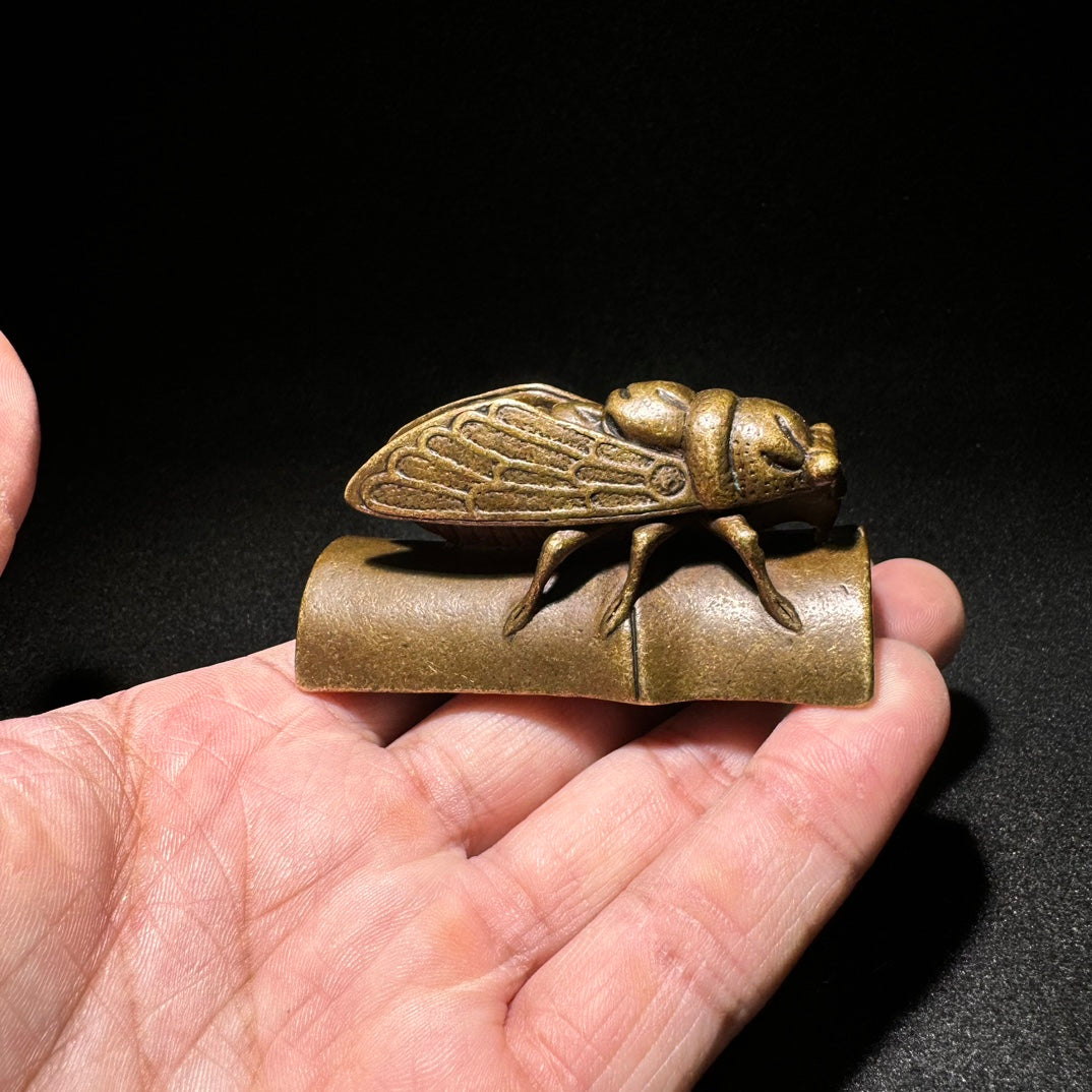 Handcrafted Brass Cicada Sculpture on Bamboo - Unique, Vintage Art Piece