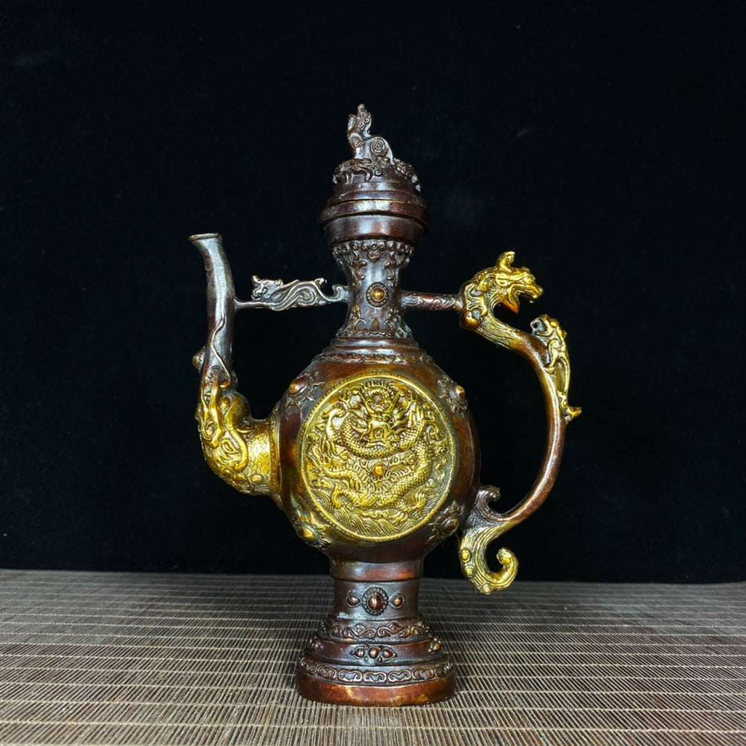 Exquisite Handcrafted Gilded Copper Tibetan Dragon Relief Wine Pot - A Unique Gift