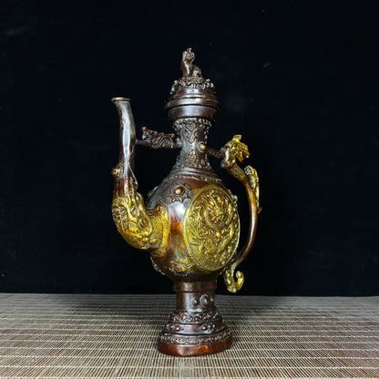 Exquisite Handcrafted Gilded Copper Tibetan Dragon Relief Wine Pot - A Unique Gift