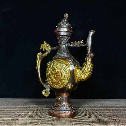 Exquisite Handcrafted Gilded Copper Tibetan Dragon Relief Wine Pot - A Unique Gift