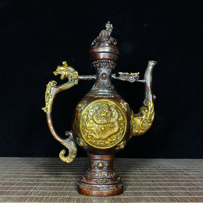 Exquisite Handcrafted Gilded Copper Tibetan Dragon Relief Wine Pot - A Unique Gift