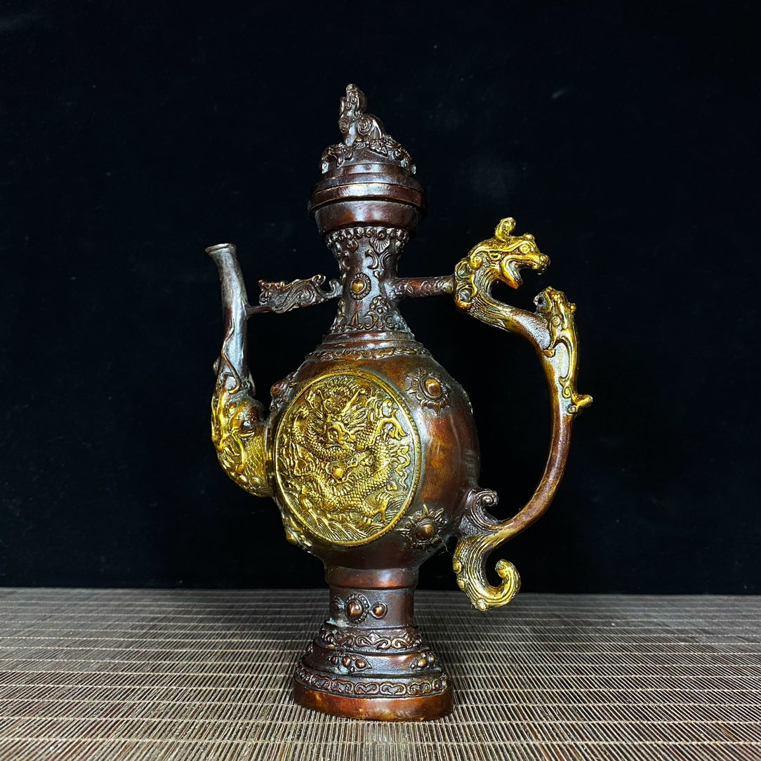 Exquisite Handcrafted Gilded Copper Tibetan Dragon Relief Wine Pot - A Unique Gift