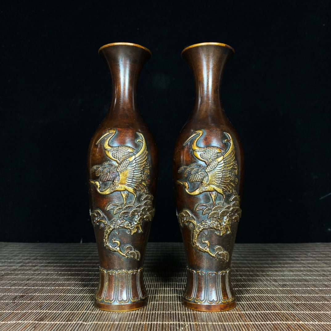 Exquisite Pair of Brass Gilded Relief Crane and Pine Vases