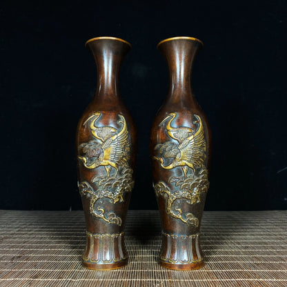 Exquisite Pair of Brass Gilded Relief Crane and Pine Vases