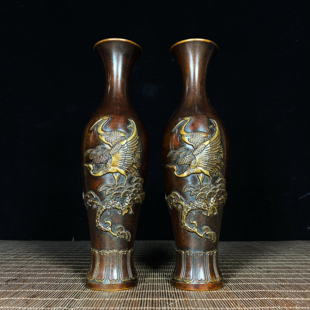 Exquisite Pair of Brass Gilded Relief Crane and Pine Vases