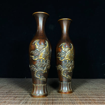 Exquisite Pair of Brass Gilded Relief Crane and Pine Vases