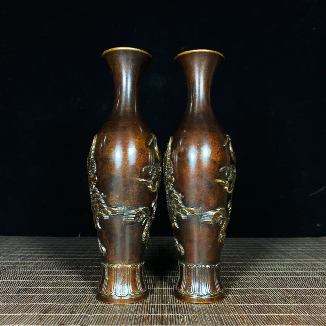 Exquisite Pair of Brass Gilded Relief Crane and Pine Vases