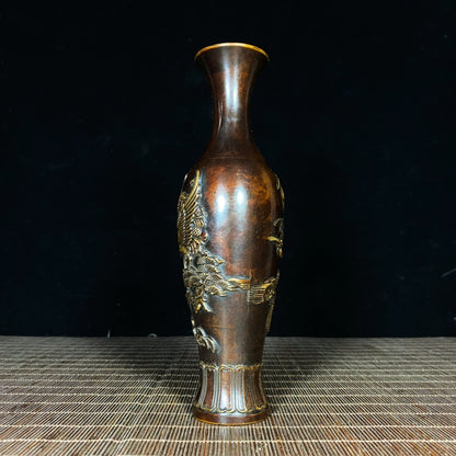 Exquisite Pair of Brass Gilded Relief Crane and Pine Vases