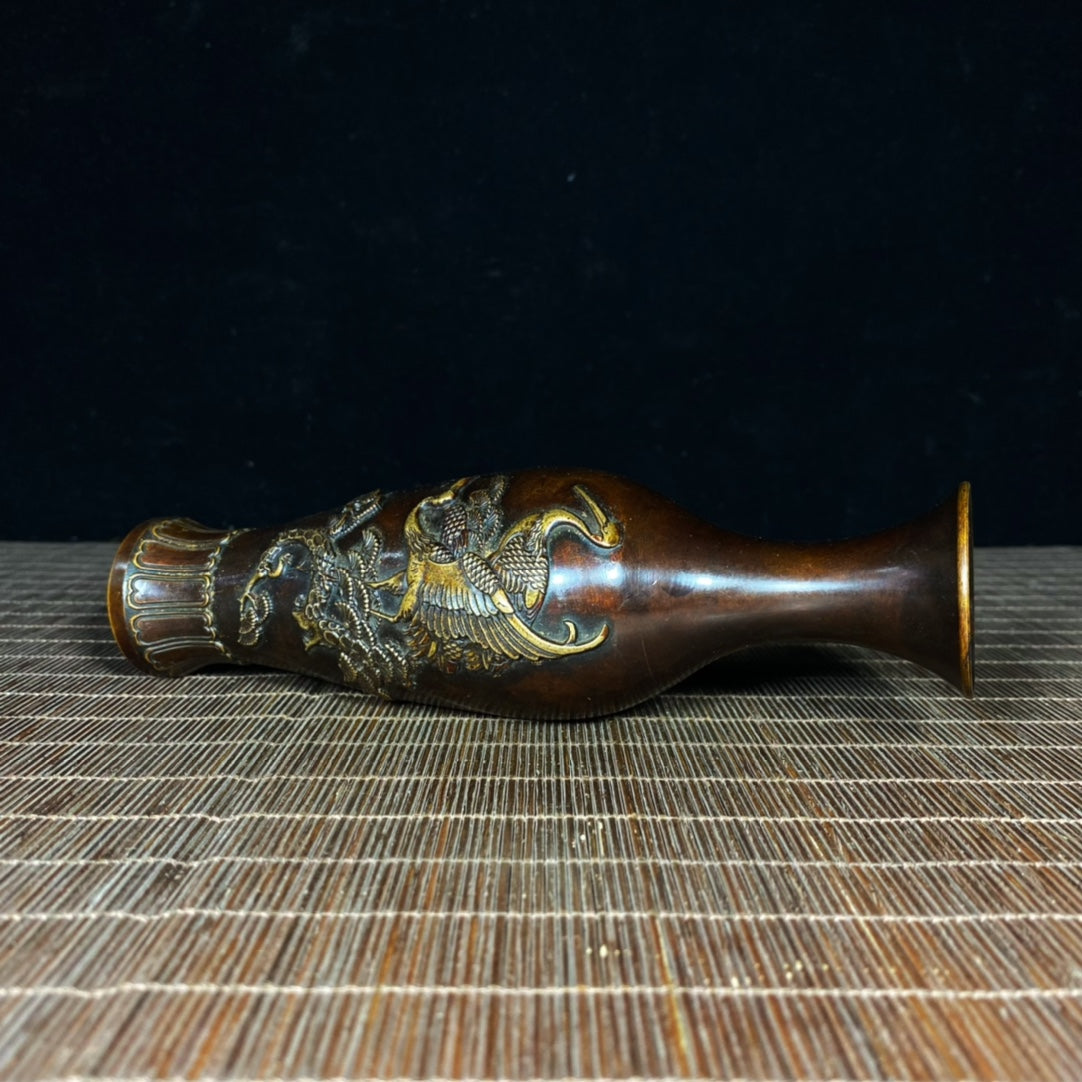 Exquisite Pair of Brass Gilded Relief Crane and Pine Vases