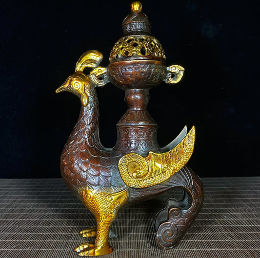 Pure Copper Gilded Phoenix Incense Burner - Exquisite Craftsmanship, Handcrafted, Rare Vintage Art Piece